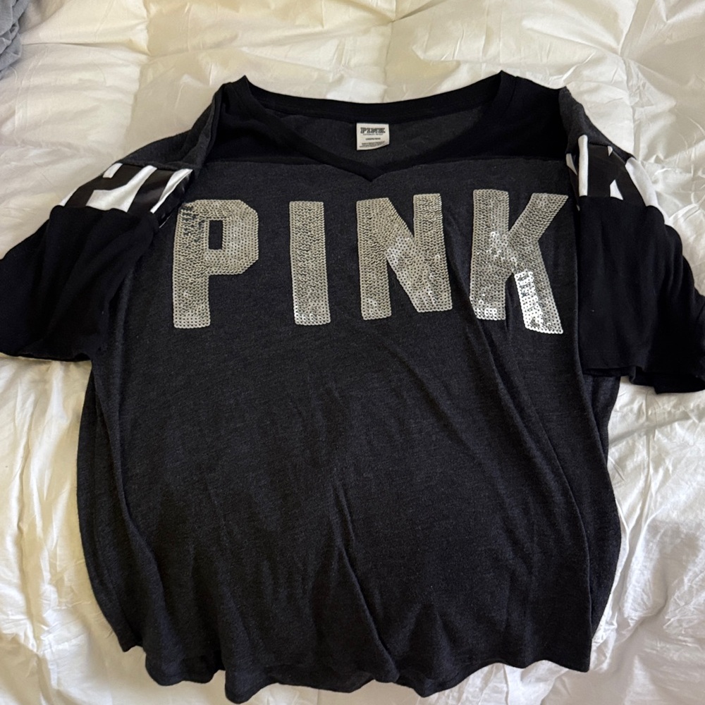 PINK Victoria's Secret Black Tee with Silver Logo